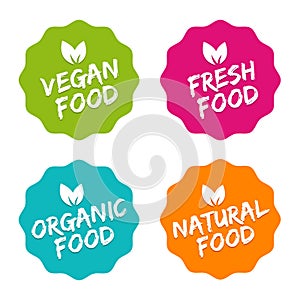 Set of Food Badges. Vegan, Organic, Natural and Fresh Food. Vector hand drawn Signs. Can be used for packaging Design.