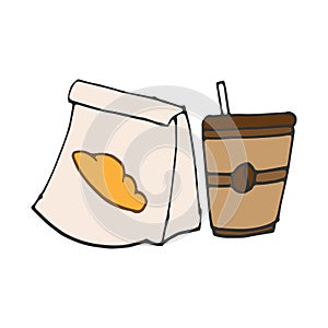 Set of food and beverage illustration. take away concept. closed bread package. croissant and hot coffee icon. hand drawn vector.