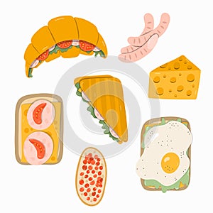 Set of food for breakfast. Variations for nourishing meal: vegetarian, healthy, fried, meat. Popular products. Toast with fried