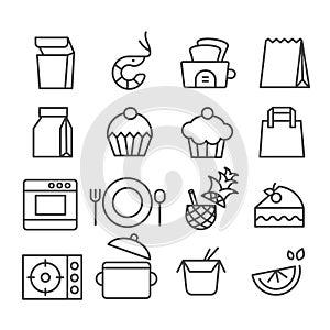 Set of food and cooking in minimal icons. Package for delivery concept. Modern outline on white background