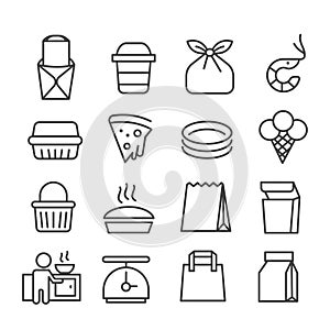 Set of food and cooking in minimal icons. Package for the delivery concept. Modern outline on white background