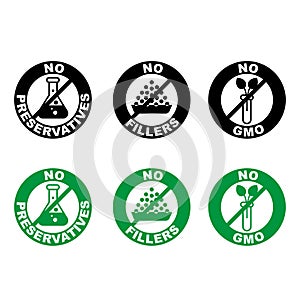 Set of food dietary labels for GMO free, fillers free and no fillers, no preservatives products. EPS 10. Badge vector photo