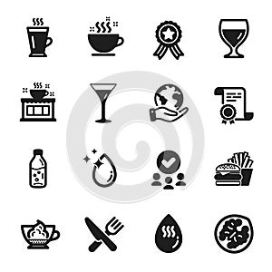 Set of Food and drink icons, such as Espresso cream, Food, Water drop. Vector