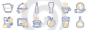 Set of Food and drink icons, such as Ice tea, Medical food, Milk jug. Vector