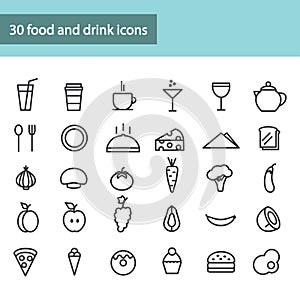 Set of food and drink icons, vegetables. fruits. Vector illustration