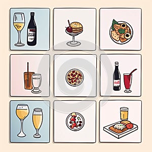 Set of food and drinks icons in vintage style. Vector illustration
