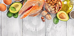 Set of food with healthy fats and omega-3, Superfood high vitamin e and dietary fiber. Long banner format. top view