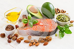 Set of food with high content of healthy fats and omega 3