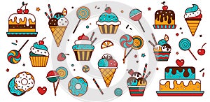 Set of food icons. Design for cafe, restaurant, confectionery. Desserts for Birthday, holiday, party. Illustrations for menu. Silh