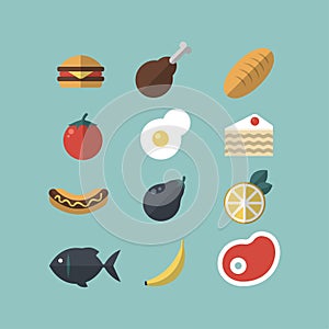 Set of food icons. Meat, vegetables, hot-dog, cake,bread, fish. Flat-style on blue background