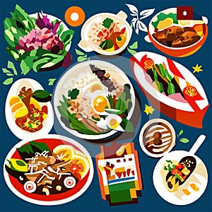 Set of food icons on the theme of Chinese cuisine. Vector illustration generative AI