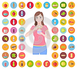Set of Food Icons and Woman Eating Yogurt Dessert