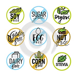 Set of food labels - allergens, GMO, sugar, gluten, nut,corn, stevia, free products