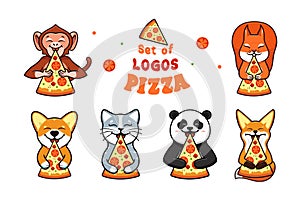 Set of food logos with animals, monkey, dog corgi, cat, panda, fox, squirrel eats pizza