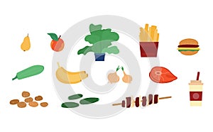 Set of food products for lunch or healthy diet a vector illustrations.