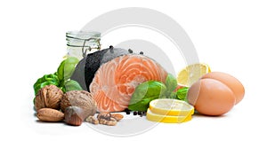 Set of food rich ofomega 3 fats isolated on white