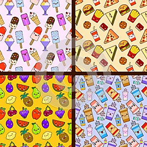 Set of food seamless patterns kawaii characters. Flat design