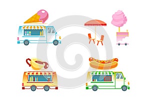 Set of food trucks vector isolated illustration. Hot dog, coffee cup, cotton candy, ice cream van. Holiday city park
