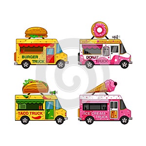 A set of food trucks on a white isolated background. Burger, ice cream, doughnut, taco.