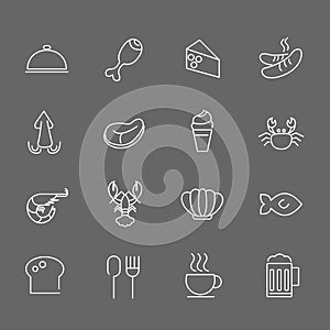 Set of Food Vector Line Icons. Includes seafood, chicken, meat, sausage and more. In gray background