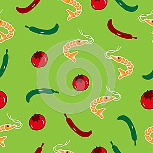 Set of foodstuff. red and green chillies, red tomato and shrimp illustration on green background. hand drawn vector, seamless patt