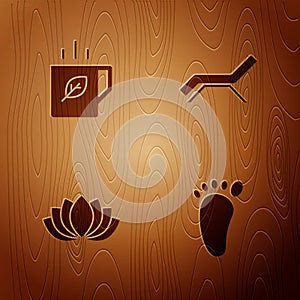 Set Foot massage, Cup of tea and leaf, Lotus flower and Sunbed umbrella on wooden background. Vector