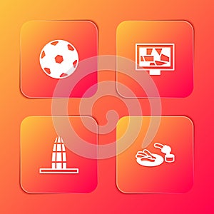 Set Football ball, Picture art, Agbar tower and Churros and chocolate icon. Vector