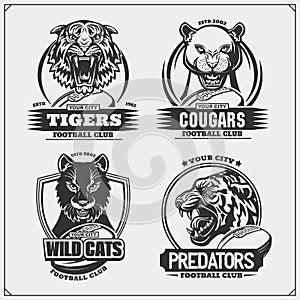 Set of football emblems, badges, logos and labels with tiger, cougars and wildcat. Print design for t-shirt.