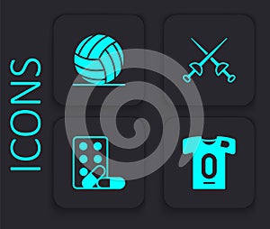 Set Football jersey and t-shirt, Volleyball, Fencing and Sports doping with dumbbell icon. Black square button. Vector