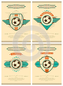 Set of football poster in retro style with emblem, ball and stars. Tournament invitation. Vector design.