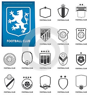 Set of football or soccer crest on blue tag in flat design. Football logo emblem. Football badge. Vector.