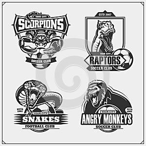 Set of football and soccer emblems with lion, cobra, raptor dinosaur and scorpion. Print design for t-shirts.