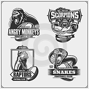 Set of football and soccer emblems with lion, cobra, raptor dinosaur and scorpion. Print design for t-shirts.