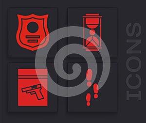 Set Footsteps, Police badge, Old hourglass with sand and Evidence bag and pistol or gun icon. Vector