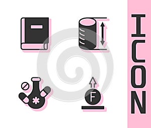 Set Force of physic formula, Science book, Medicine pill and Height geometrical figure icon. Vector