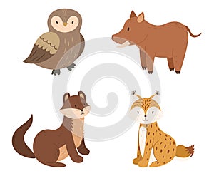 Set of Forest Animals Owl, Lynx, Boar, Ferret or Weasel Kawaii Personages, Funny Wildlife Isolated on White Background