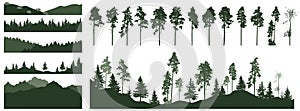 Set of forest element, pine trees, beautiful landscapes. Creation of beautiful woodland, constructor. Vector illustration