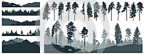 Set of forest element, pine trees, beautiful landscapes. Creation of beautiful woodland. Vector illustration