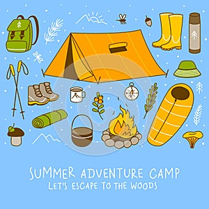 Set of forest and mountain hiking items on blue background - cartoon objects for Your camping design