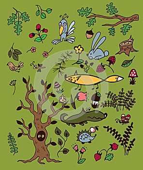 Set of a forest plants and animals on a green background.