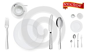 Set of fork, knife, cup, plate and spoons isolated on white