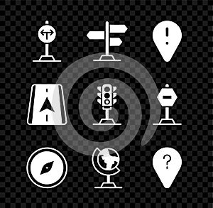 Set Fork in the road, Road traffic sign, Location with exclamation mark, Compass, Earth globe, Unknown route point, City
