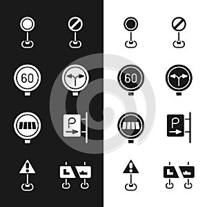 Set Fork in the road, Speed limit traffic, Road sign, Stop, Pedestrian crosswalk, Parking, and Exclamation mark triangle