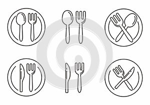 Set of fork and spoon icon with outline design, Fork, spoon, knife and plate vector illustration