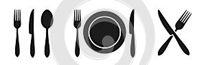 Set of fork, spoon, plate and knife icons, tableware, dinner service signs: fork, knife, spoon and plate - vector