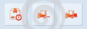 Set Forklift truck, Cardboard box with clock and . White square button. Vector