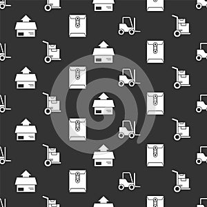 Set Forklift truck, Hand truck and boxes, Carton cardboard box and Envelope on seamless pattern. Vector.