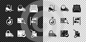 Set Forklift truck, Logistics delivery and clock, Envelope, Delivery tracking, Package box with check mark, Hand boxes