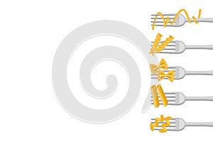 Set of forks with spaghetti and pasta on a white background. Food logos, restaurant menu icons.