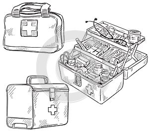 Set of forst aid kits, line art vector sketch photo